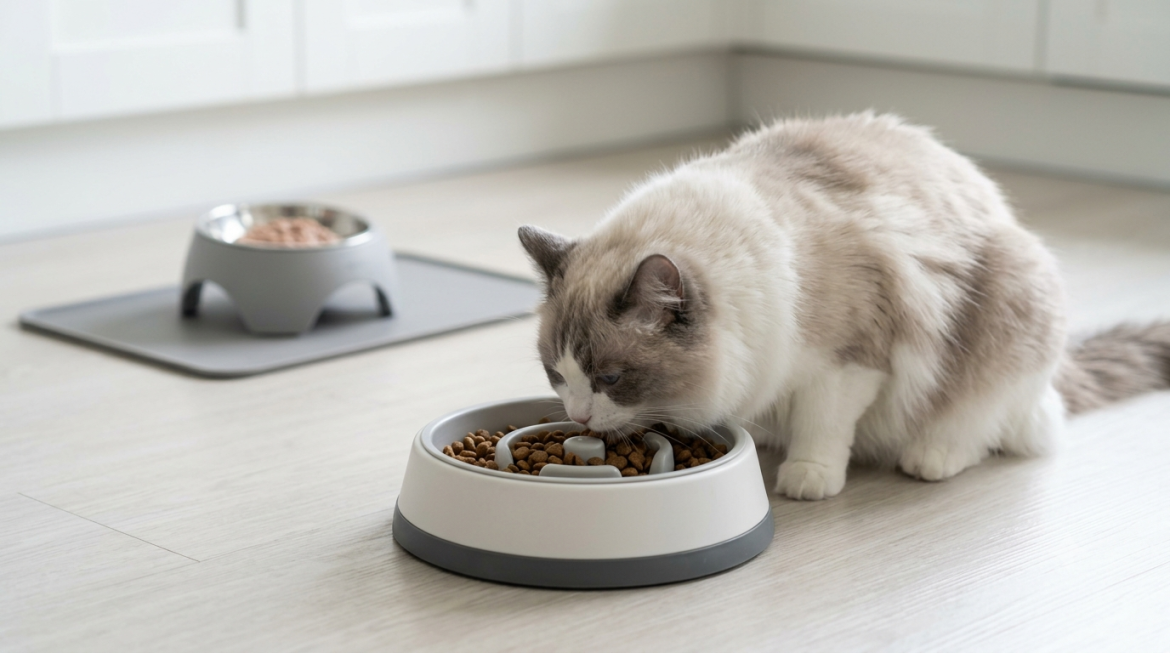 Ragdoll cat eating food
