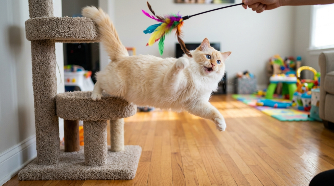 Playful Ragdoll cat with toy