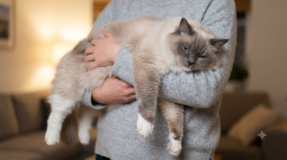 Ragdoll cat held limp