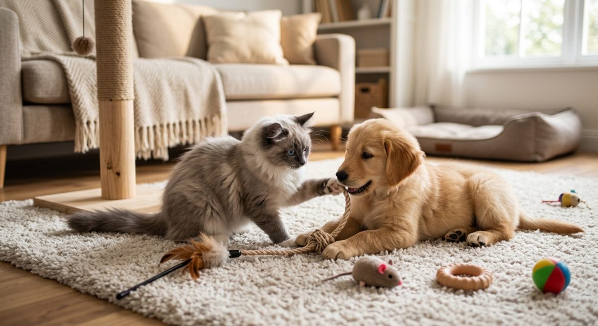 a-grey-and-white-ragdoll-kitten-reaches-out-to-play-with-a-golden-retriever-puppy-on-a-fluffy-rug